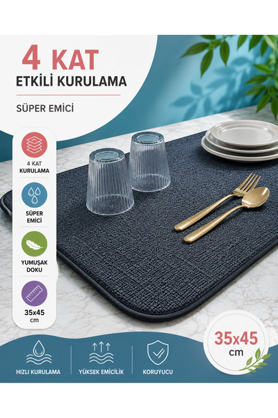 Mayaglory Mikrofiber Bulaşık Kurutma Matı Yumuşak Yüzey 4x Emiş Gücü Bulaşıkl...