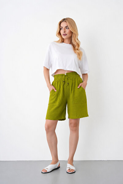 saint majesta Women's Muslin Shorts High Waist with Pockets Oversize 100% Cotton