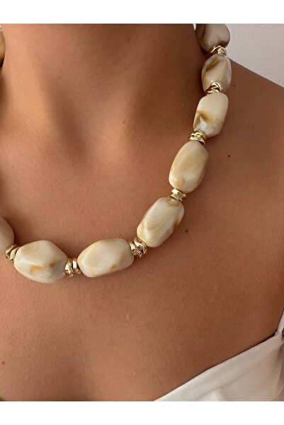 LENORE Marble Effect Gold Halka Detaylı İri Boncuklu Chunky Kolye
