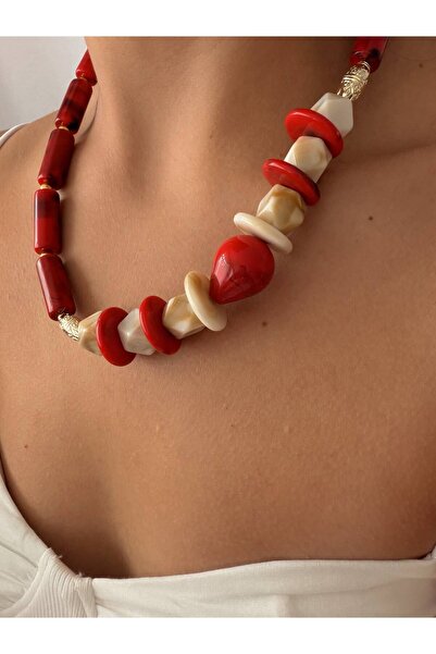 LENORE Red & Marble Contrast Asimetrik Chunky Kolye