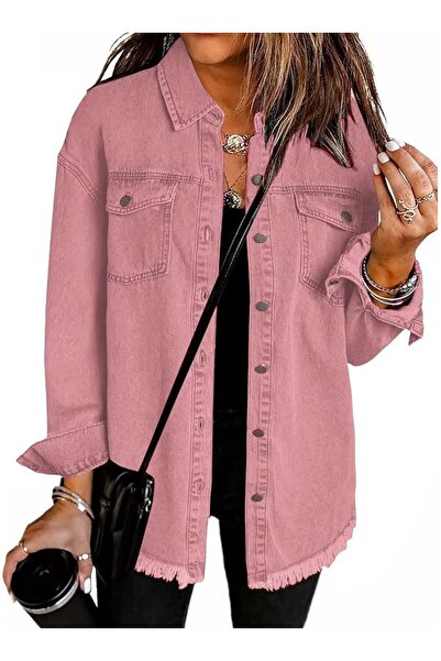 GENERAL Denim Jacket for Women Oversized Boyfriend Jean Jacket Button Up Fray...