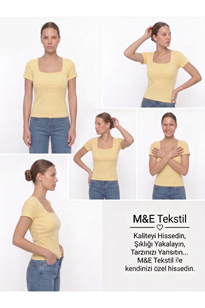 Genel Markalar Kadın Kare Yaka Slim Fit Pamuklu Ultra Soft Likralı Kumaş Basi...