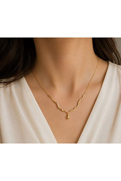 Belasso Vip Gold Color Wave Model Drop End Women's Necklace