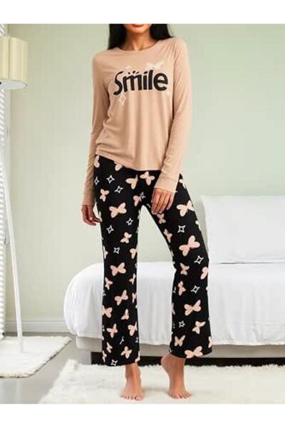 Women's Pajama Set, Long Sleeve Top and Wide Leg Pants, Cute Print Sleepwear ...