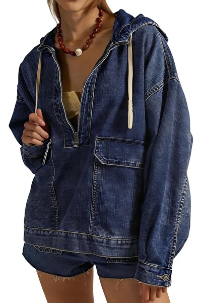 Generic Women's Half Zip Denim Jacket Oversized Hoodie with Pockets