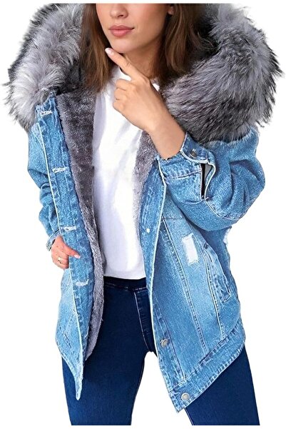 Generic Women's Oversized Denim Jacket Sherpa Lined Faux Fur Hood Long Denim ...