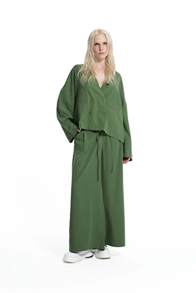 #vdr viadellerose Khaki Draped Wide Leg Lace-Up Trousers 19096