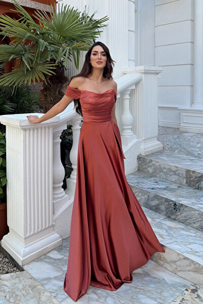 Sindimoda Kayık Yaka Yırtmaç Detay Saten Abiye 1038