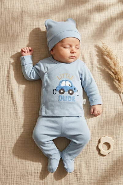 Babycan Sage Blue Cotton 3-Piece Baby Set - Little Cool Dude Embroidered Kimo...