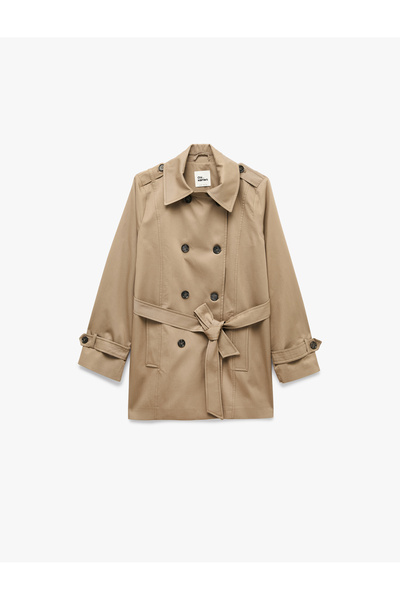 Koton Buttoned Belted Pocketed Cotton Gabardine Long Sleeve Double Breasted C...