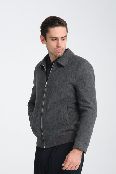Frappoli Grande Men's Smoked Short Cashmere Coat with Zipper and Ribbed Elast...