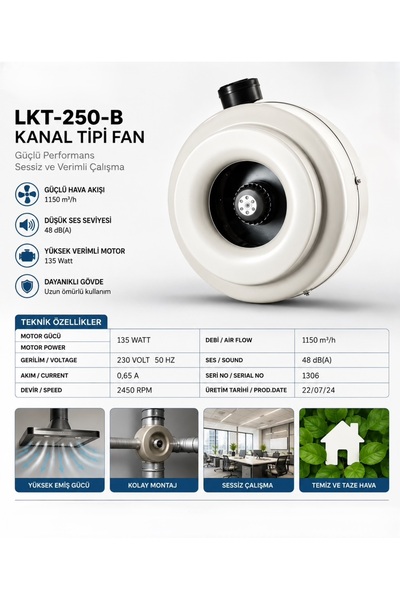 FANEXFAN LKT-250-B 25 cm Geriye Eğimli Yuvarlak Model Kanal Fanı Fan