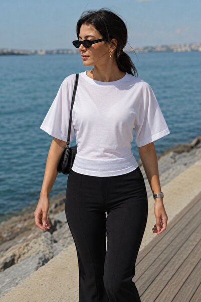 armonika Women's White Crew Neck Bat Sleeve Fitted Tshirt Arm-26Y001103