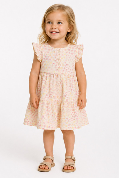 GÜLERBEBECİX Girls' Floral Print Combed Cotton Dress – Ruffle Sleeve Summer C...