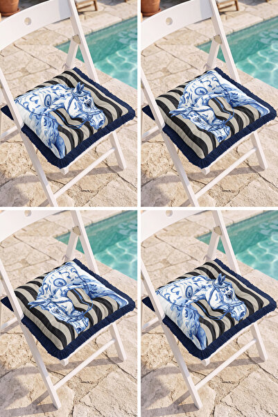 Realhomes Blue Tile Horse Head Figured Black and White Striped 4-Piece Fringe...