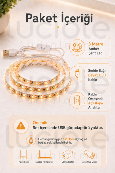 luciole 3 Metre 5V USB Amber Şerit LED Anahtarlı Mutfak Tezgah Altı TV Masa Kamp Powerbank Sıcak Işık