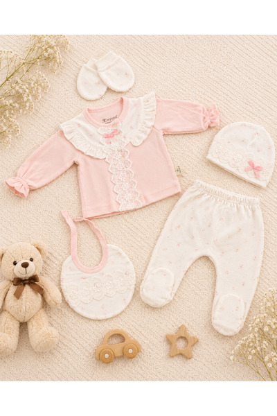 Linda Harris Rose Patterned Bowknot Salmon Newborn Baby Girl 5-Piece Hospital...