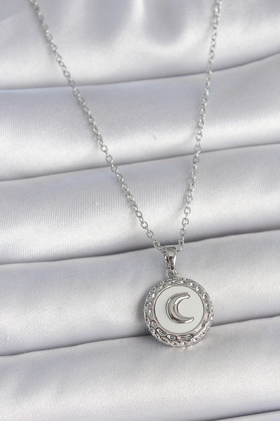 SORA GROUP 316L Steel Silver Color Chain White Enamel Crescent Embroidered Me...