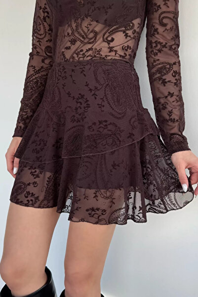 Aryena Brown Women's Pleated Flog Shorts Skirt with Elastic Waist