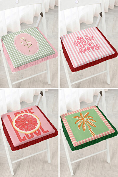Realhomes Set of 4 Fringed Zippered Chair Cushions with Palm Tree Figures, Wr...
