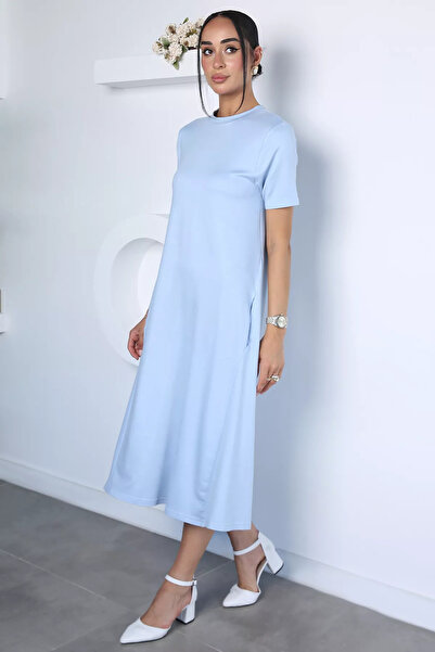 Aryena Blue Women's Crew Neck Dress with Pockets
