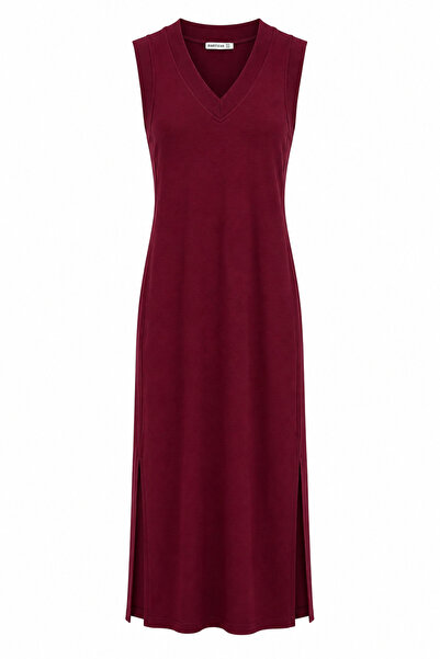 Buket Teke Burgundy V-Neck Long Basic Dress