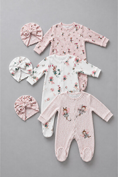 My Babies Label Fairy Patterned 6-Piece Baby Girl Footed Jumpsuit and Bow Hat...