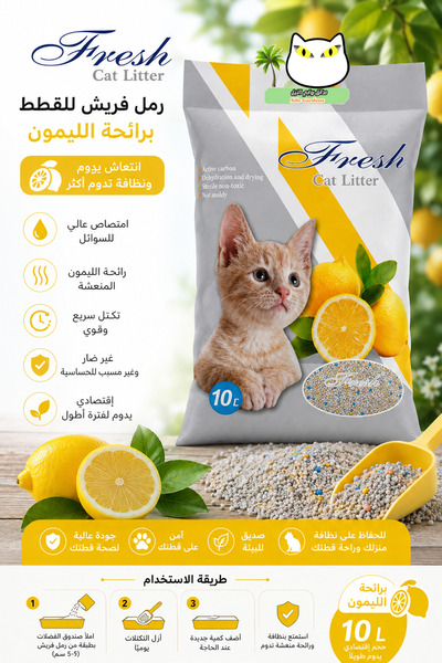 Fresh رمل فريش للقطط 10 لتر – رمل قطط متكتل سريع الامتصاص برائحة الليمون