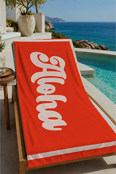 Evmila Orange Aloha Written Minimal Beach Patterned 70X150 Beach Towel - Cott...