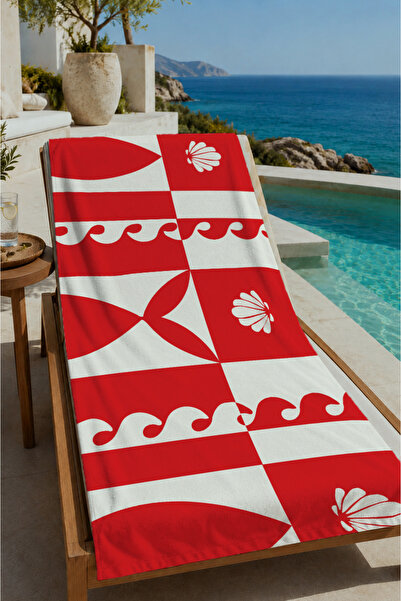 Evmila Red and White Ethnic Geometric Border Patterned 70X150 Beach Towel - C...
