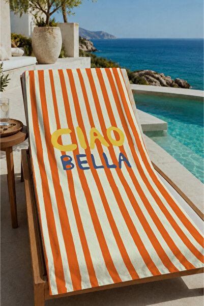 Evmila Orange and White Striped Ciao Written Retro Patterned 70X150 Beach Tow...