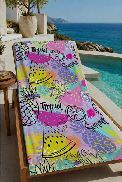 Evmila Colorful Summer Fruits and Slogan Patterned 70X150 Beach Towel - Digit...