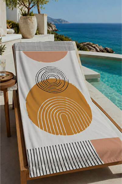 Evmila Beige Mustard Black Abstract Circle Patterned 70X150 Beach Towel - Dig...