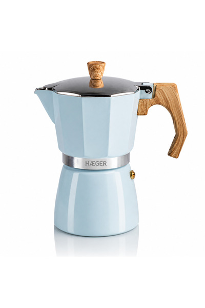 HAEGER Cafetieră Moka MOKA POT 6, Capacitate 6 cești, Corp din aluminiu, Compatibilă cu plite pe gaz/electrică/ceramice, Supapă de siguranță, Albastru