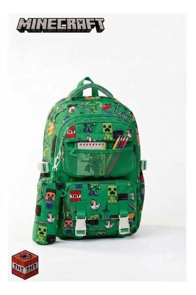 bag حقيبة ظهر مدرسية ماينكرافت مع مقلمة، تصميم فاخر لشخصيات وألعاب ماينكرافت