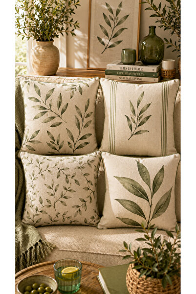 Nari Collections Yeşil Yaprak Desenli 4’lü Kırlent Kılıfı 43x43 cm Süet Kumaş...