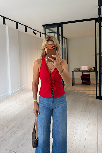 Sezgi Tekin Ruffle Detailed Buttoned Red Poplin Blouse