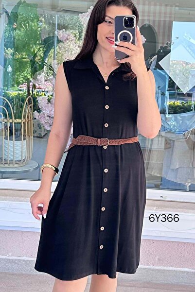 İnce Topuk Front Buttoned Belted Viscose Dress 6Y366