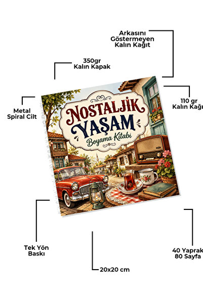 metafortoys Nostaljik Yaşam Boyama Kitabı – 21x20 cm I 40 Görsel I Çocuklar ve Yetişkinler İçin