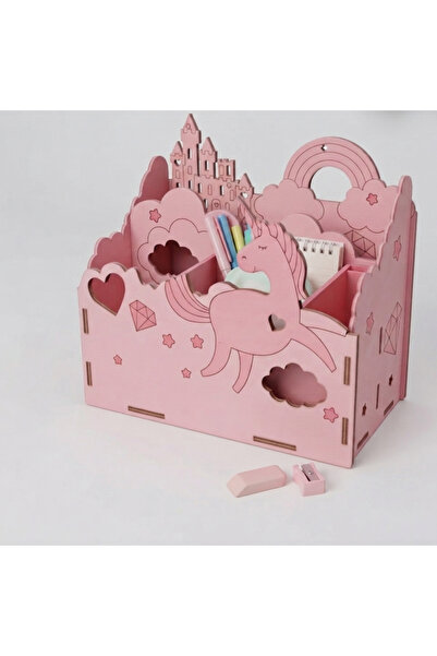 roven Ahşap Çocuk Kalemlik - Pembe Unicorn ve Şato Temalı Masaüstü Düzenleyic...