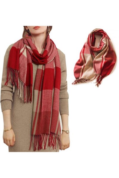 STARSTAR Women's faux cashmere scarf powder blue plaid tassel warm.