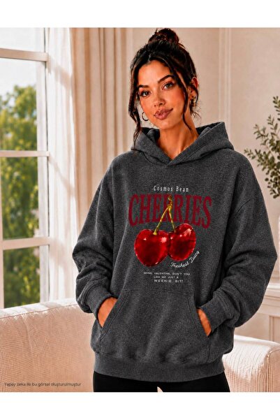 TREND EMMODA Women's Oversize Cherries Printed Hooded Kangaroo Pocket Sweatsh...