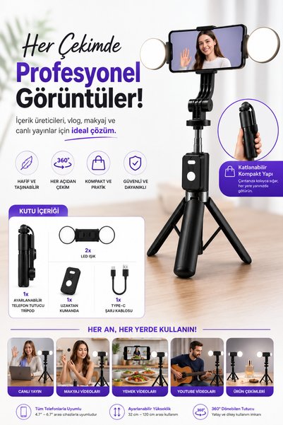 MPIA Kumandalı Çift LED Işıklı Telefon Tutucu Tripod 360° Döner Ayarlanabilir Uzunluk Selfie Video Standı