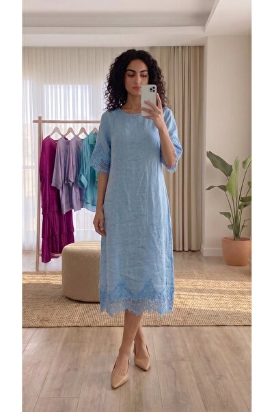 Juste Boutique Mavi Dantel Detaylı Bisiklet Yaka Keten Midi Elbise