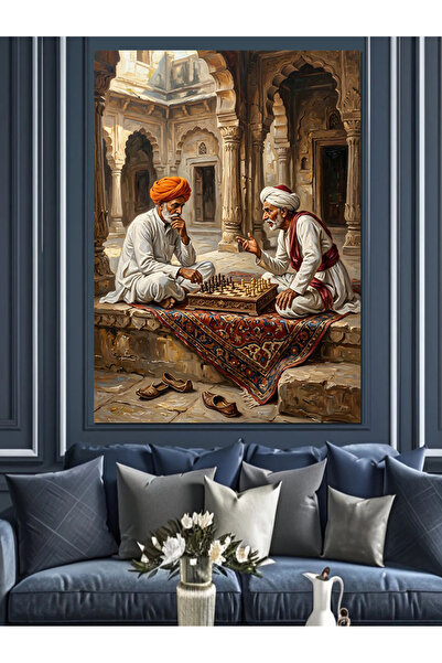Artmeg Men Playing Chess on a Carpet Decorative Canvas - Mdf Wooden Table