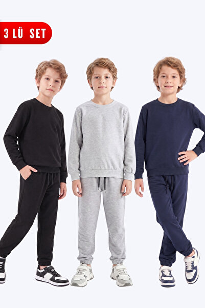 FYK KİDS 3-Piece Boys' Plain Crew Neck Double Pocket Tracksuit Set