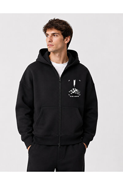 Deep sense Men's Black Hooded Zip-Up Oversized Brushed Inside Printed Sweatsh...