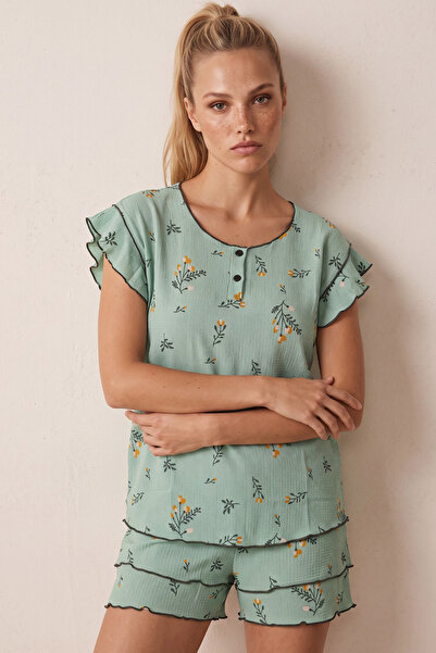 Siyah İnci Green Floral Patterned Bürümcük-Krınkıl Shorts Pajama Set 26120175