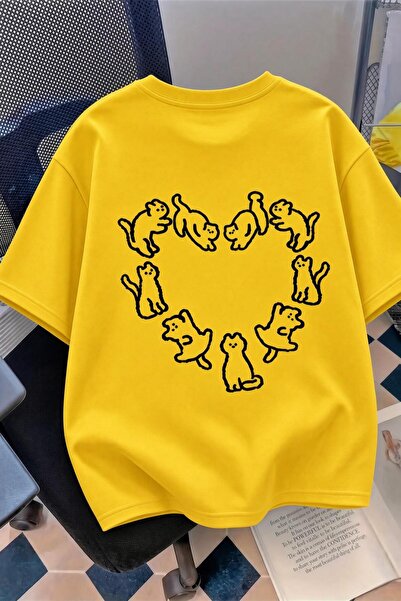 Oksit Cat Heart Pattern Oversize/Relaxed Cut Short Sleeve T-Shirt