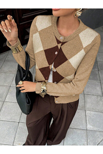Dier Moda Women's Patterned Crew Neck Buttoned Knitwear Cardigan